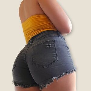 Kancan 28-29 Hayes High Rise Distressed Stretch Black Cut Off Jean Shorts L